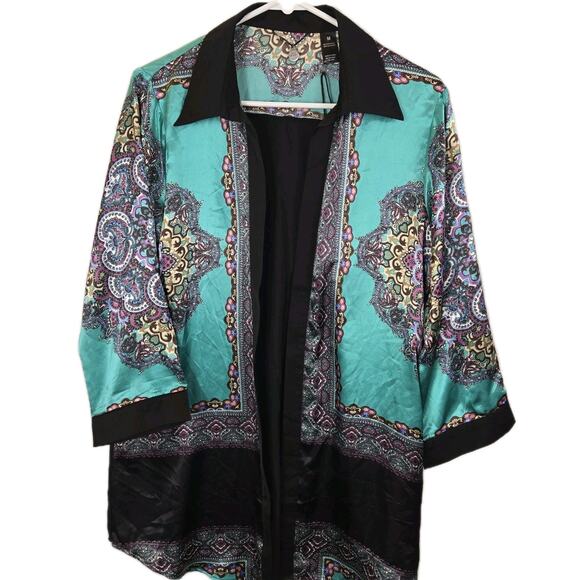 NWT Buckle Boutique Open Front Jacket Kimono Teal Black Paisley Boho MED Artsy - Picture 1 of 6